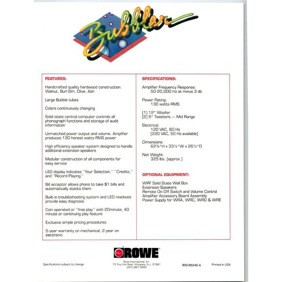 Bubbler Jukebox FLYER Rowe 1988 Unused Original Phonograph Art Ready To Frame - Picture 2 of 2